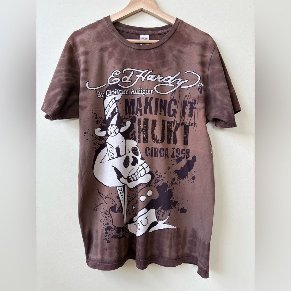 Ed Hardy - Y2K Era Brown Skull Graphic Tee - Size L - Picture 4 of 15